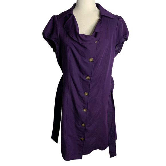 Limited Button Up Shift Dress 12 Purple Tie Belt Short Sleeve Collar Knee Length - Picture 3 of 7
